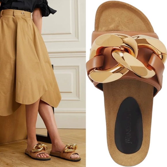 JW Anderson Women's Chain Embellished Slides Cognac Leather Gold Chain EUC 37